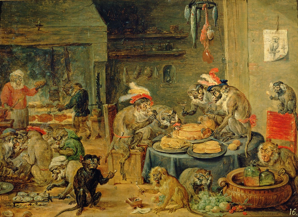 Apbankett, 1810 (olja på trä) av David Teniers the Younger
