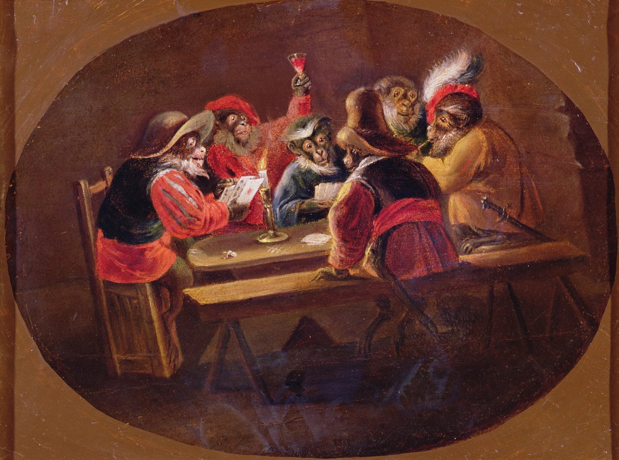 Apor utklädda till soldater som spelar kort och roar sig. av David Teniers the Younger