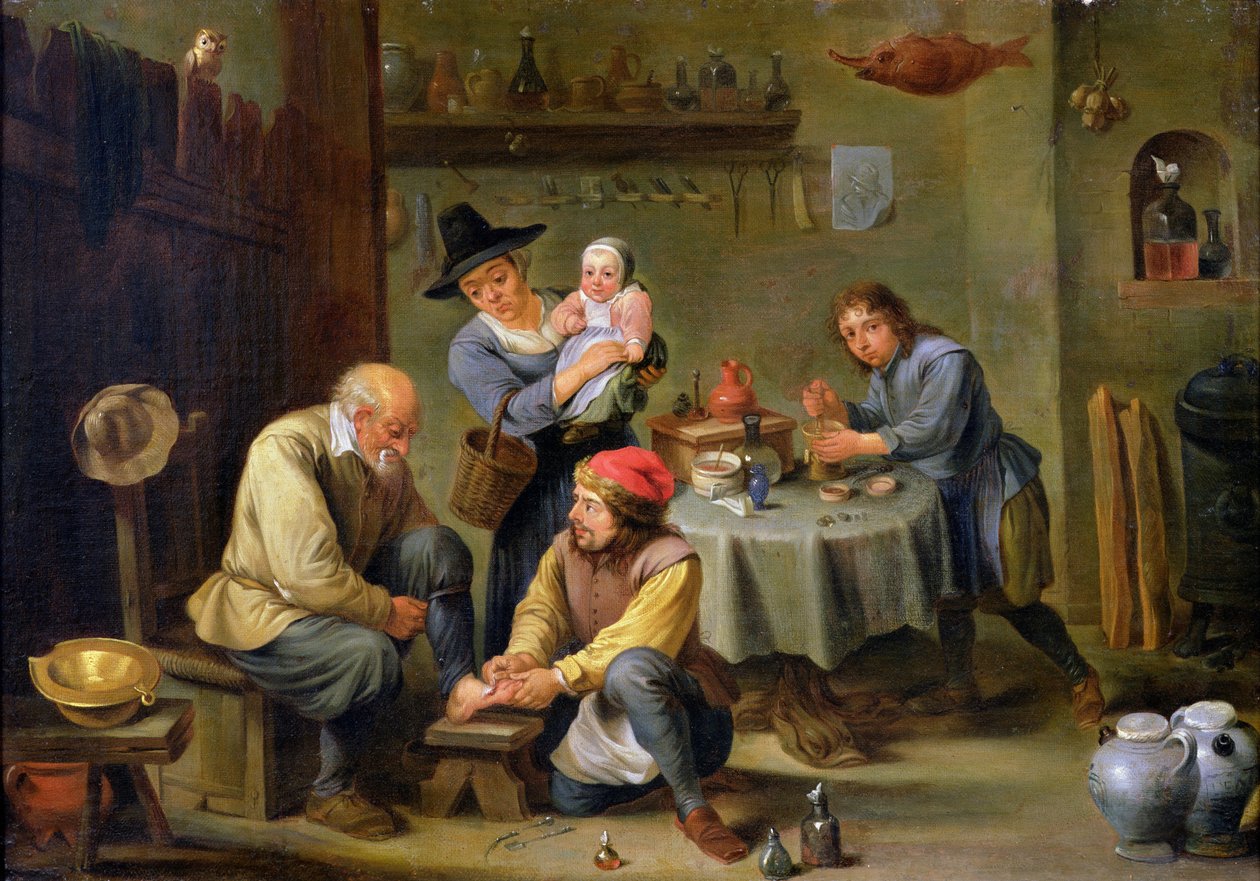 Kirurg sköter en gammal mans fot av David Teniers the Younger