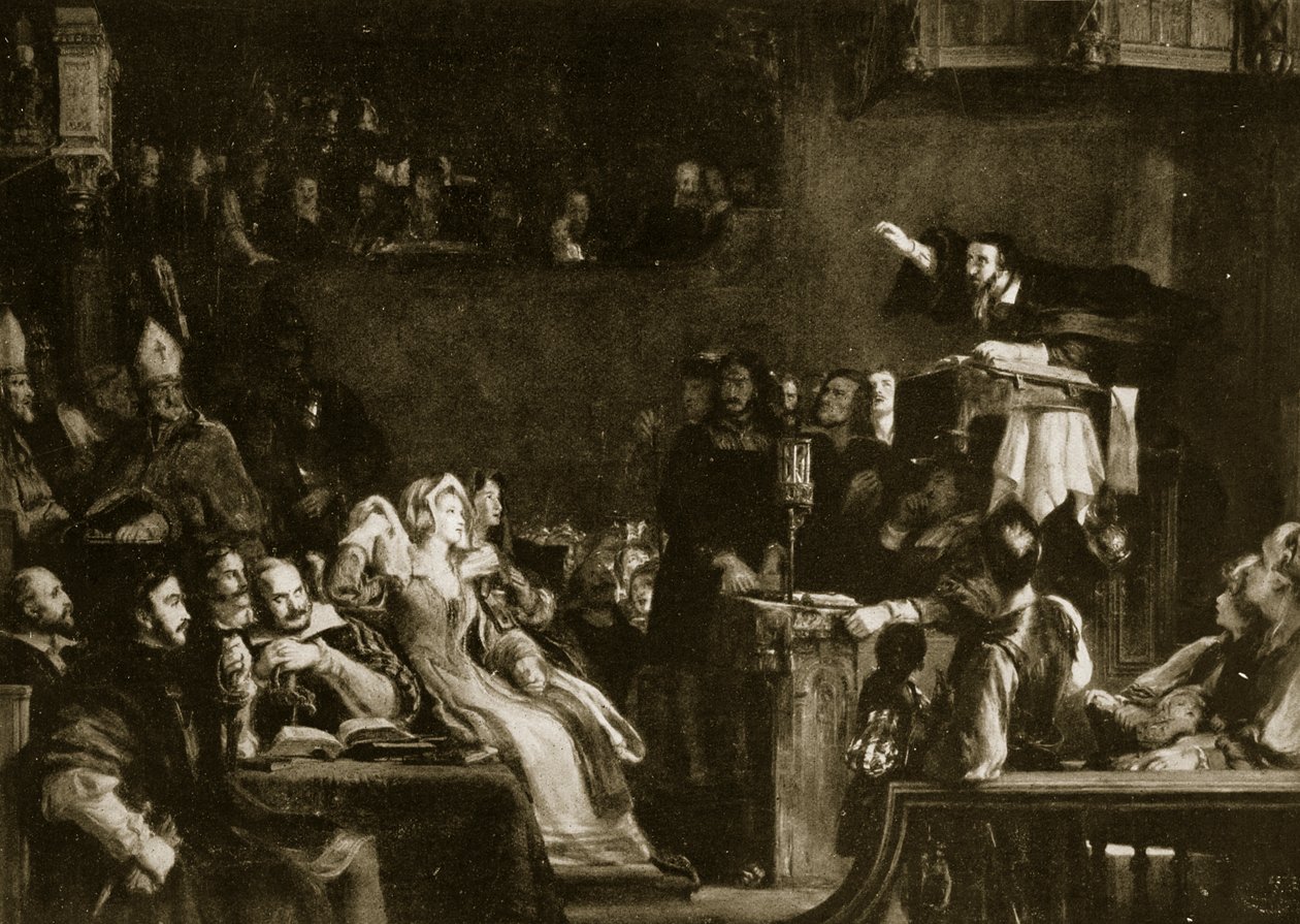 John Knox predikar inför Lords of Congregation i katedralen i St. Andrews, 1559, illustration från 