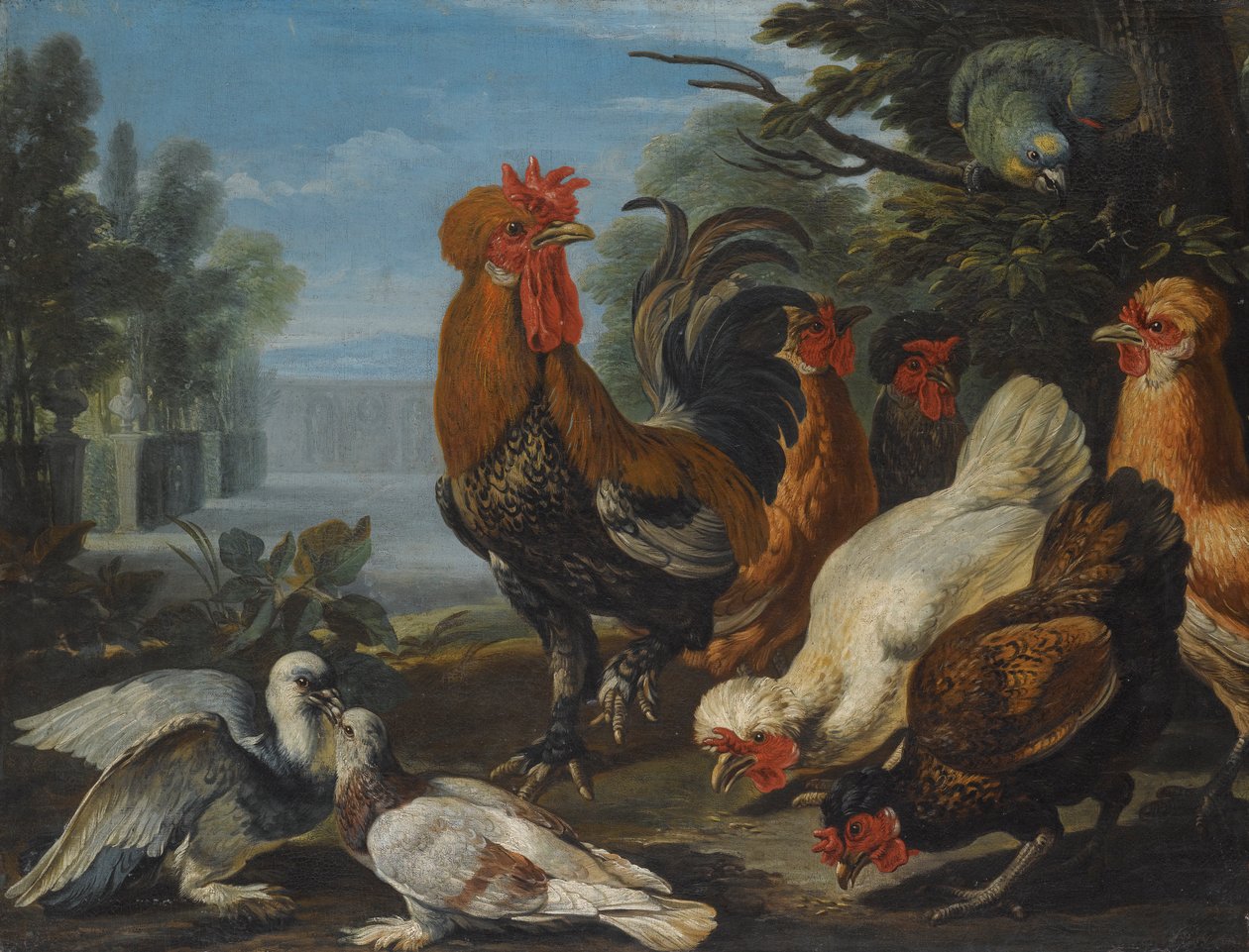 En tupp, höns, duvor och en papegoja i en trädgård av David de Coninck