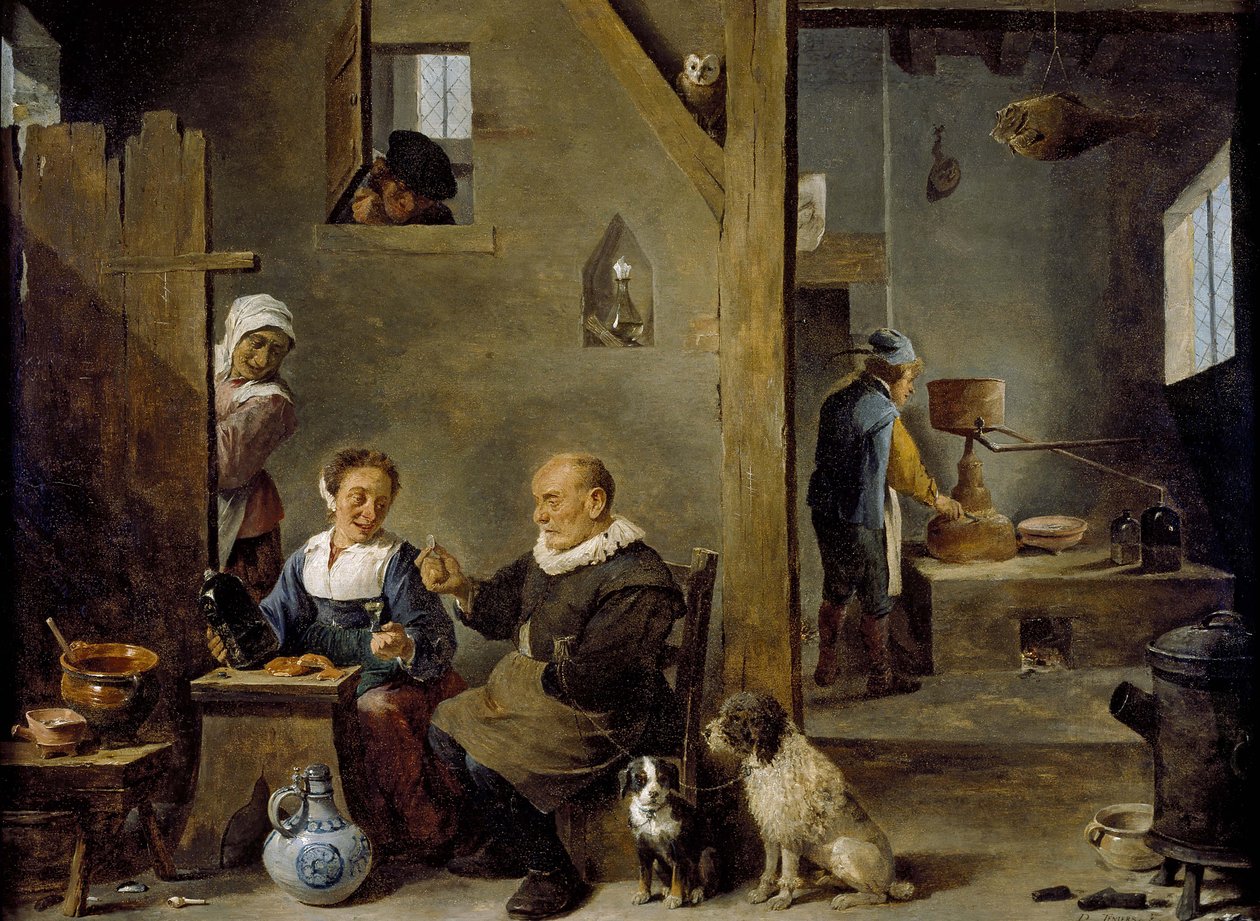 Ett destilleri med en äldre man som köper gin av en kvinna, ca 1640-49 av David Teniers the Younger