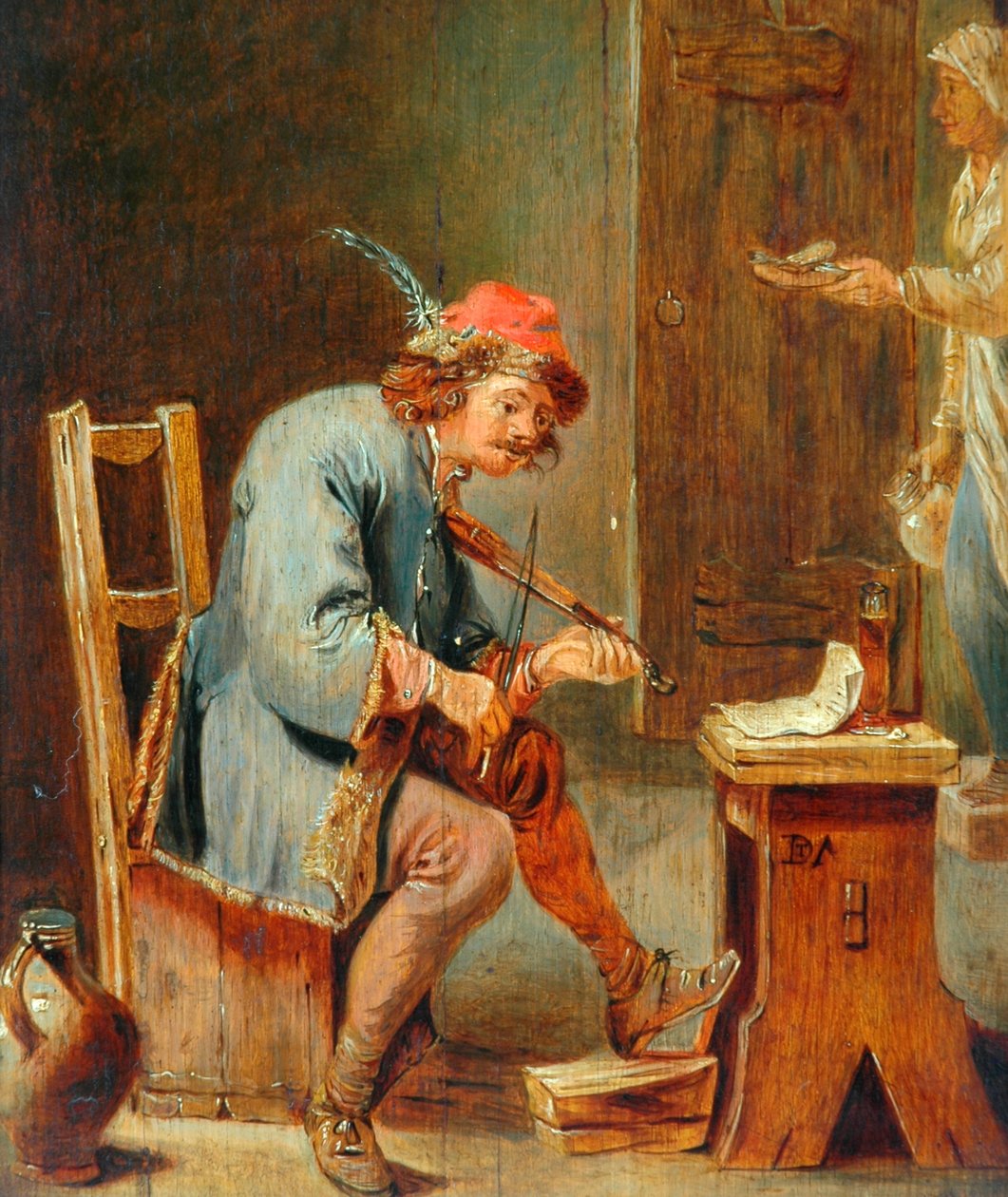 Man spelar en fiol, 1800-50 (olja på träpanel) av David Teniers the Younger