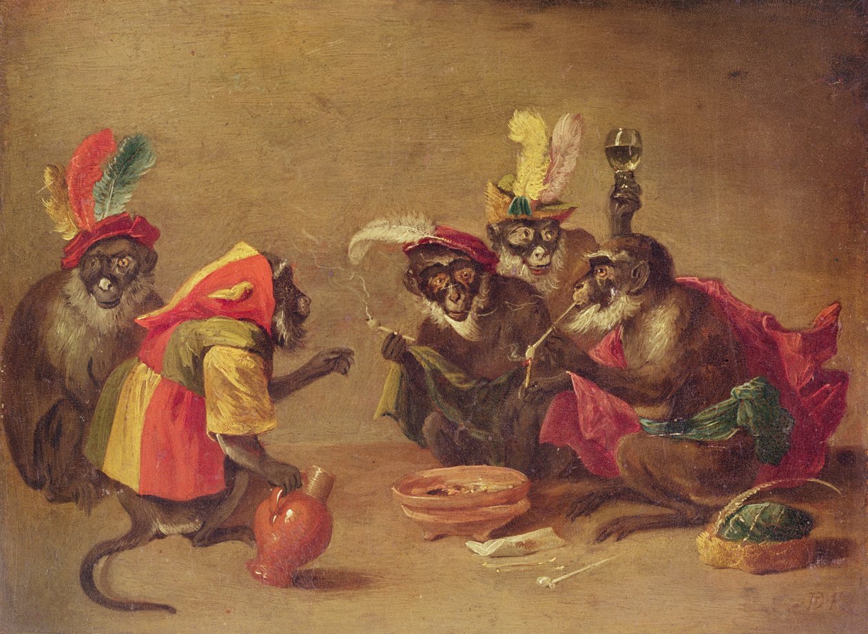 Apor som röker och dricker av David Teniers the Younger