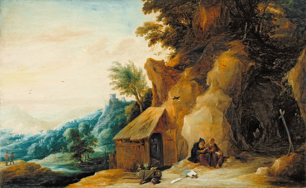 Saints Anthony and Paul in a Landscape, ca 1636-38 (olja på panel överförd till masonit) av David Teniers the Younger