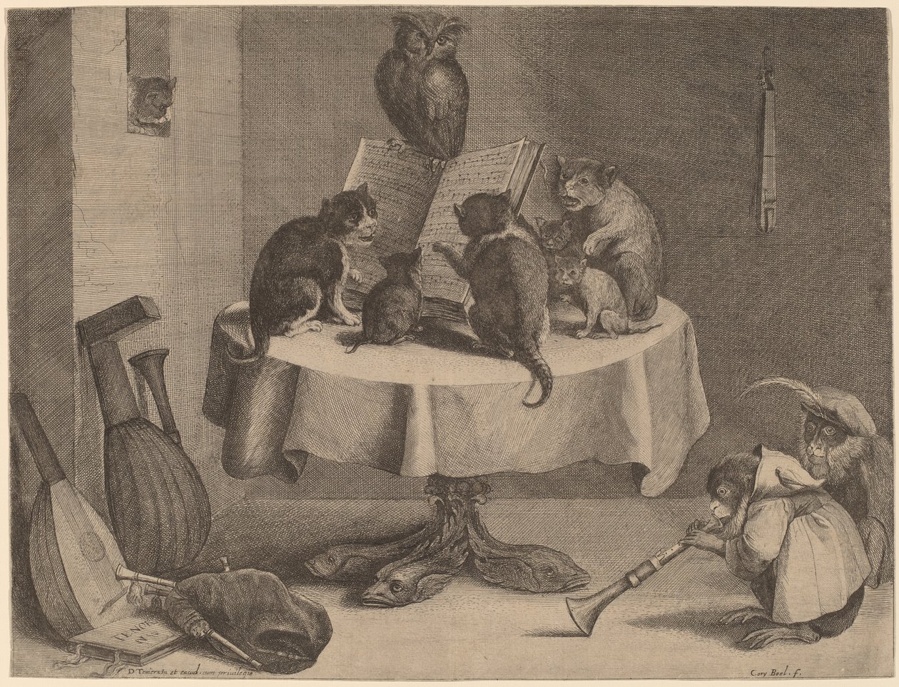 Kattens konsert (gravyr och etsning på lagt papper) av David Teniers the Younger