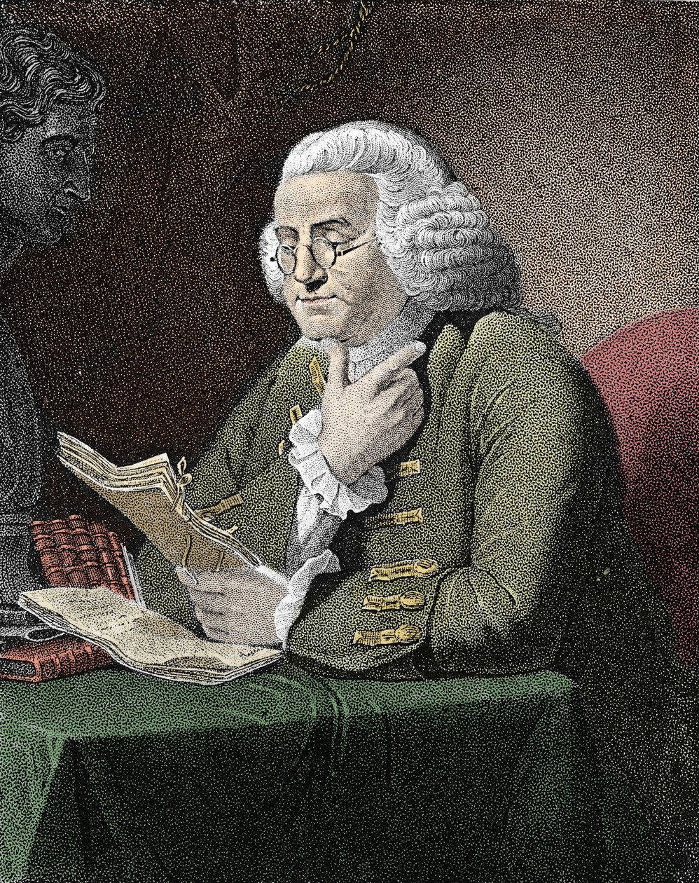 Porträtt av Benjamin Franklin (1706-1790), amerikansk filosof, fysiker och ambassadör. Gravyr efter målning av David Martin. av David (after) Martin