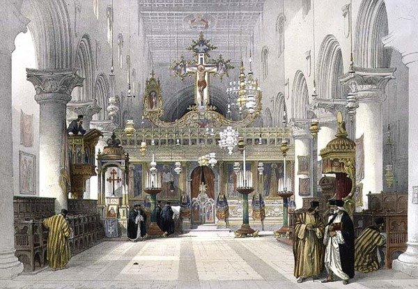Kapell i klostret St. Catherine på berget Sinai, 21 februari 1839, skylt 112 från volym III av "Det heliga landet", graverad av puben Louis Haghe (1806-85). 1849 (lito) av David (after) Roberts