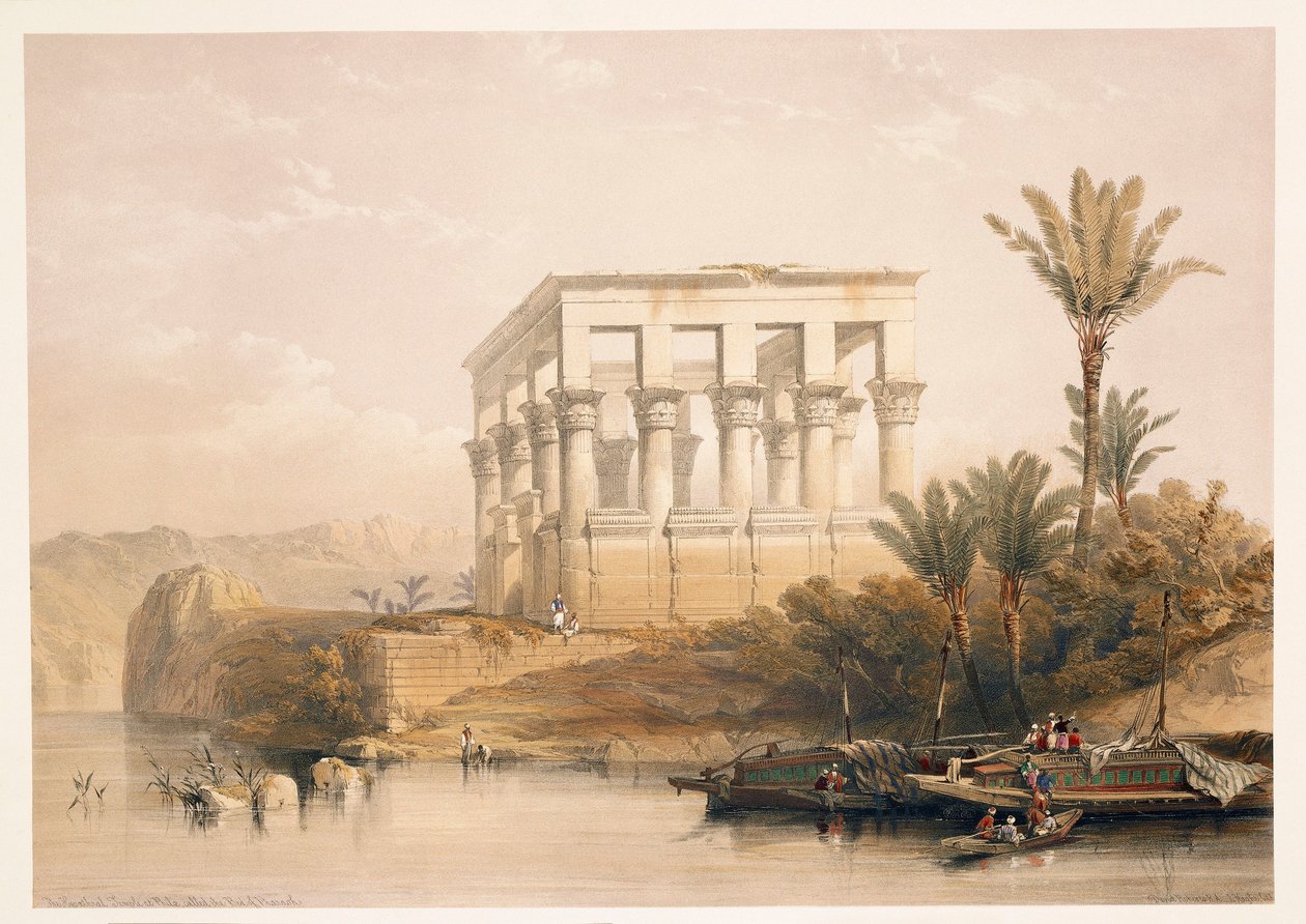 Egypten, The Temple of Philae känd som "Faraos säng", gravyr baserad på en teckning av David Roberts från "Egypt and Nubia" av David (after) Roberts