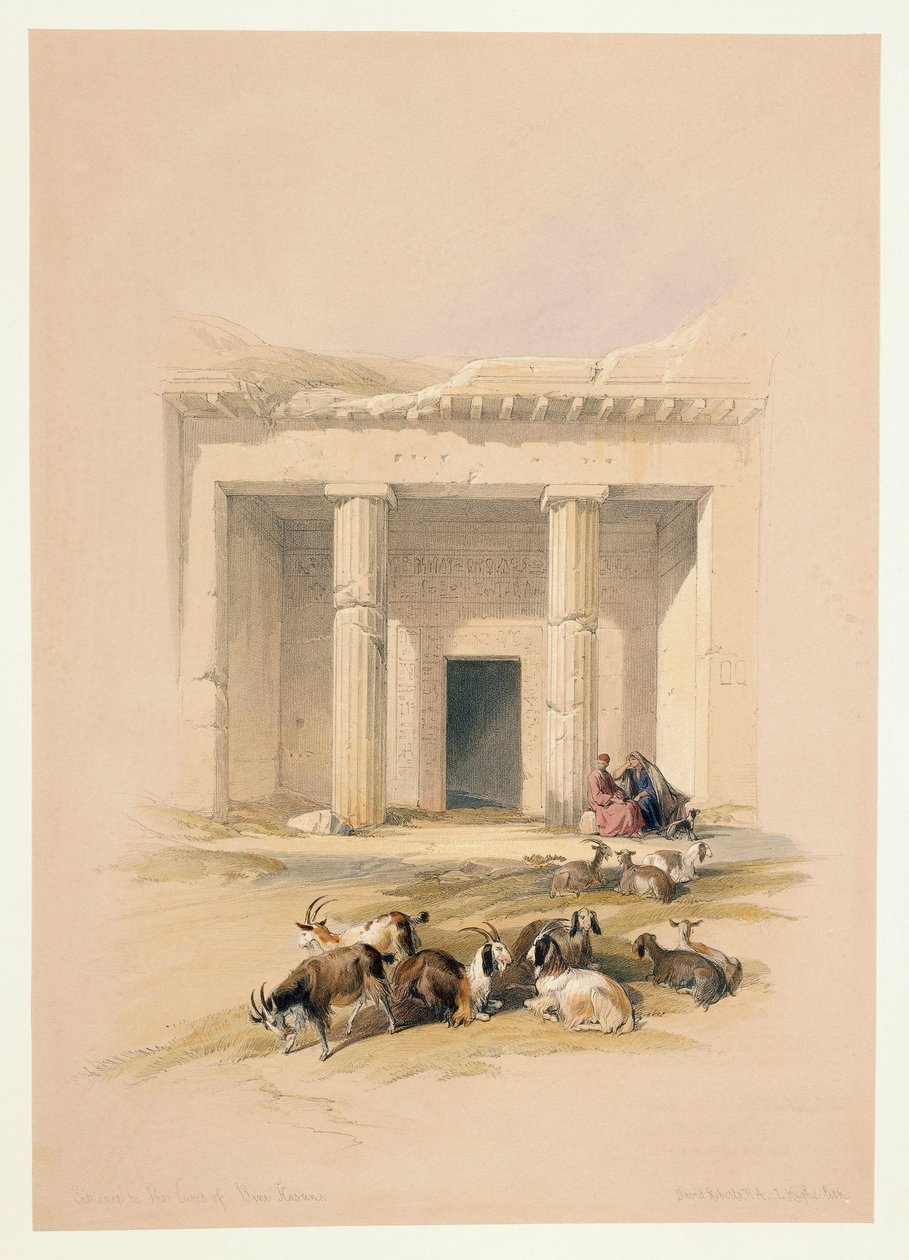 Egypten, ingången till Beni Hassans grottor, gravyr efter ritning av David Roberts av David (after) Roberts