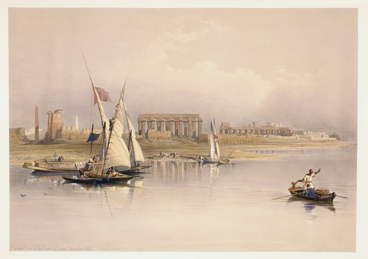 Misri, magofu ya Luxor kutoka Mto Nile, kuchonga kulingana na kuchora na David Robertsswed av David (after) Roberts