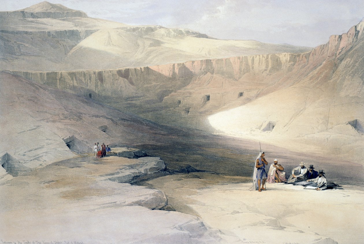 Ingång till kungars gravar i Thebe, gravyr från teckning av David Roberts (1796-1864), från Egypten och Nubien av David (after) Roberts