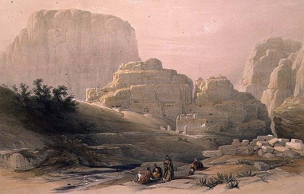 Nedre änden av dalen som visar Akropolis, Petra, 9 mars 1839, skylt 102 från volym III av "Det heliga landet", graverad av puben Louis Haghe (1806-85). 1849 (lito) av David (after) Roberts