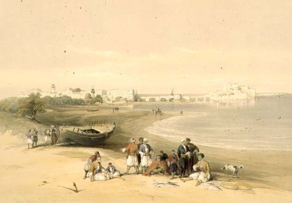 Sarda, antika Sidon, 28 april 1839, skylt 73 från volym II av "Det heliga landet", graverad av puben Louis Haghe (1806-85). 1843 (lito) av David (after) Roberts