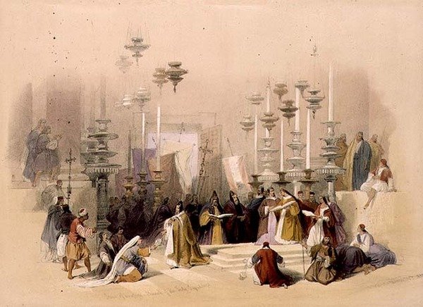 The Stone of Unction, Church of the Holy Sepulchre, 30 mars 1839, skylt 19 från volym I av "The Holy Land", graverad av Louis Haghe (1806-85) pub. 1842 (lito) av David (after) Roberts
