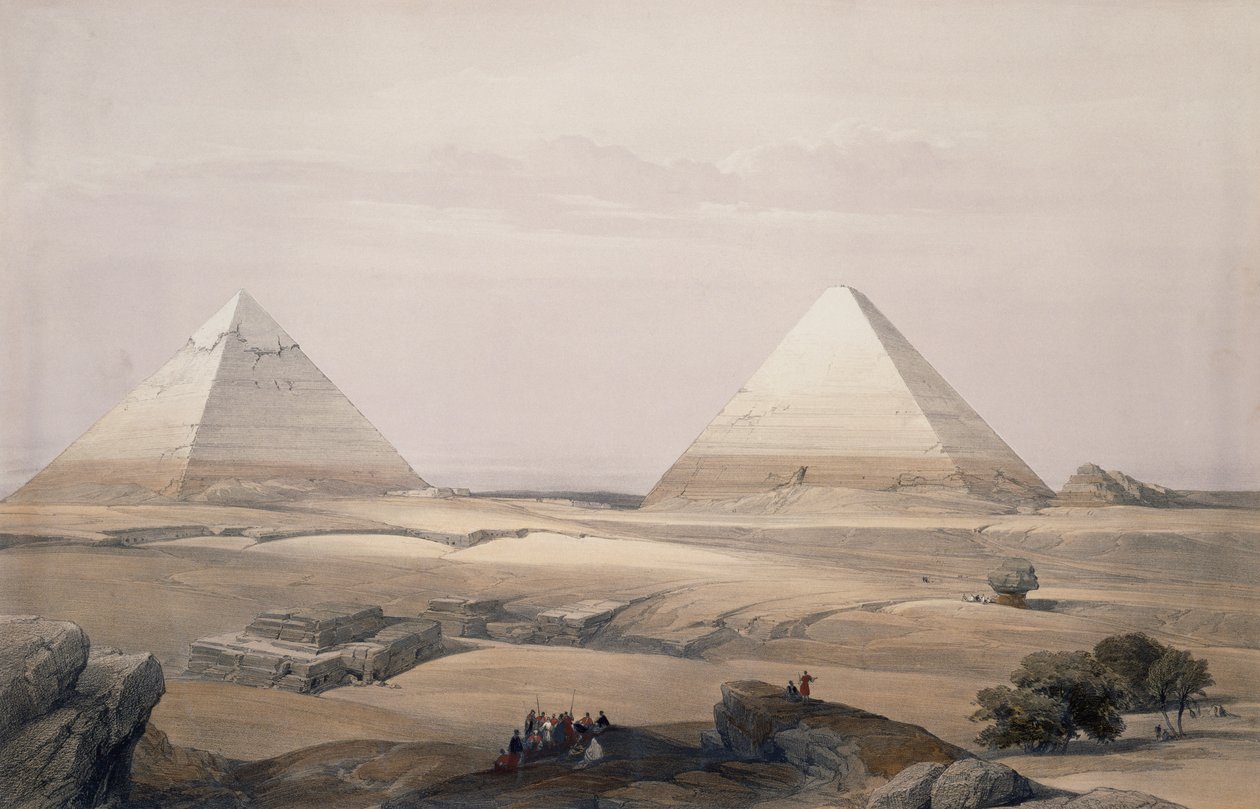 Pyramiderna i Giza, gravyr från teckning av David Roberts (1796-1864), från Egypten och Nubien av David (after) Roberts