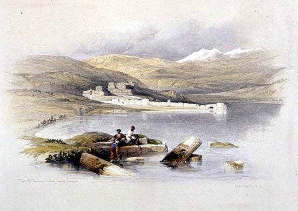 Staden Tiberias med utsikt mot Libanon, skylt 35 från volym I av "Det heliga landet", graverad av puben Louis Haghe (1806-85). 1842 (lito) av David (after) Roberts