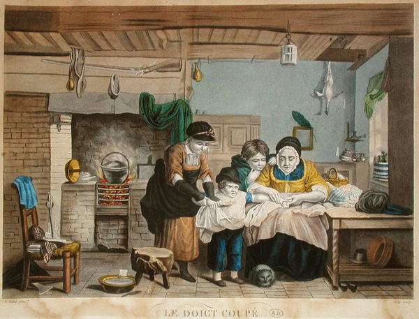 The Cut Finger, graverad av Joly, ca 1830-40 (färgad gravyr) av David (after) Wilkie