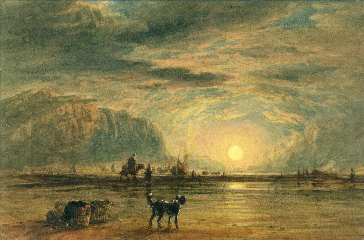 Strandscen - Sunrise, ca 1820 (akvarell och penna över grafit på papper) av David (attr. to) Cox