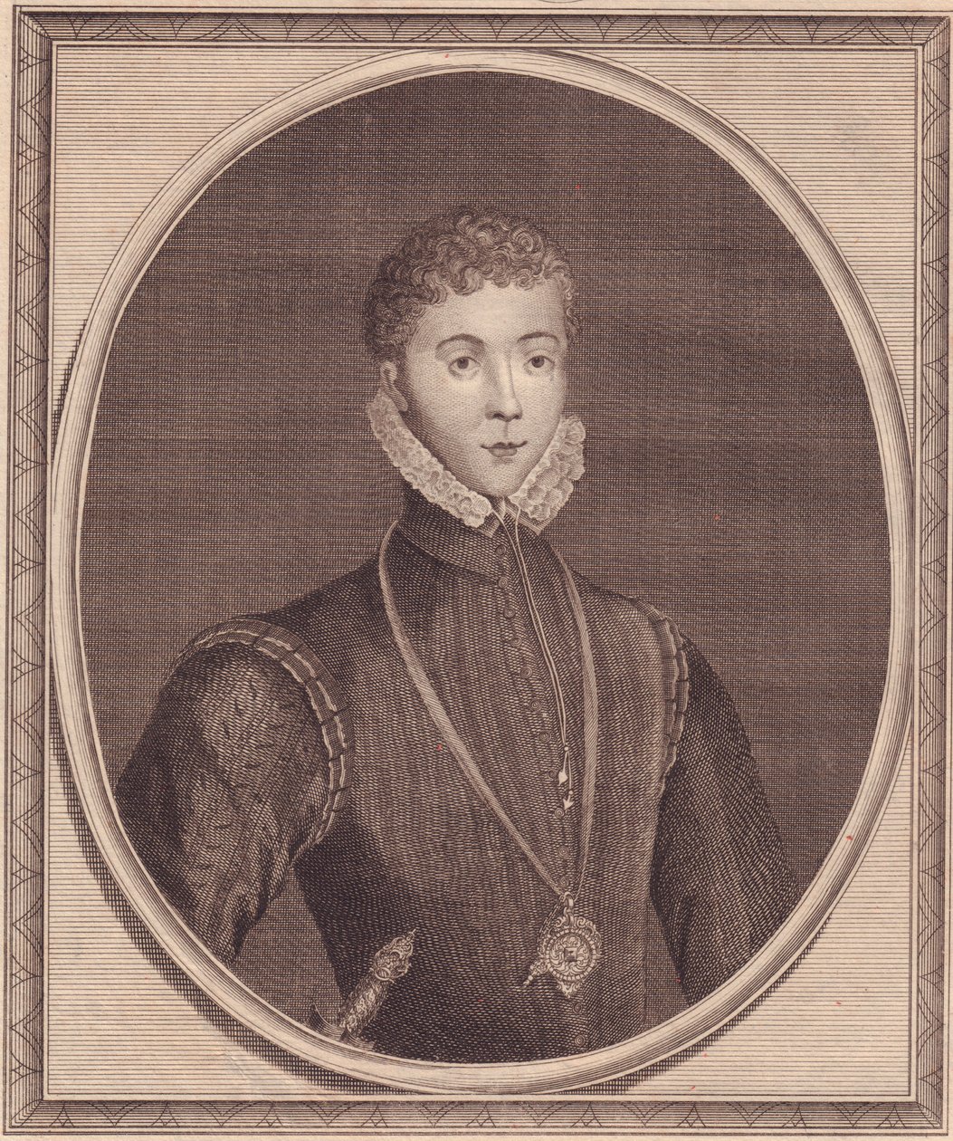 Porträtt av Henry Stuart, Lord Darnley (1545-1567), King Consort of Scotland, kopparstick av John Goldar (1729-1795) från målning av Lucas de Heere av John Ward Dunsmore
