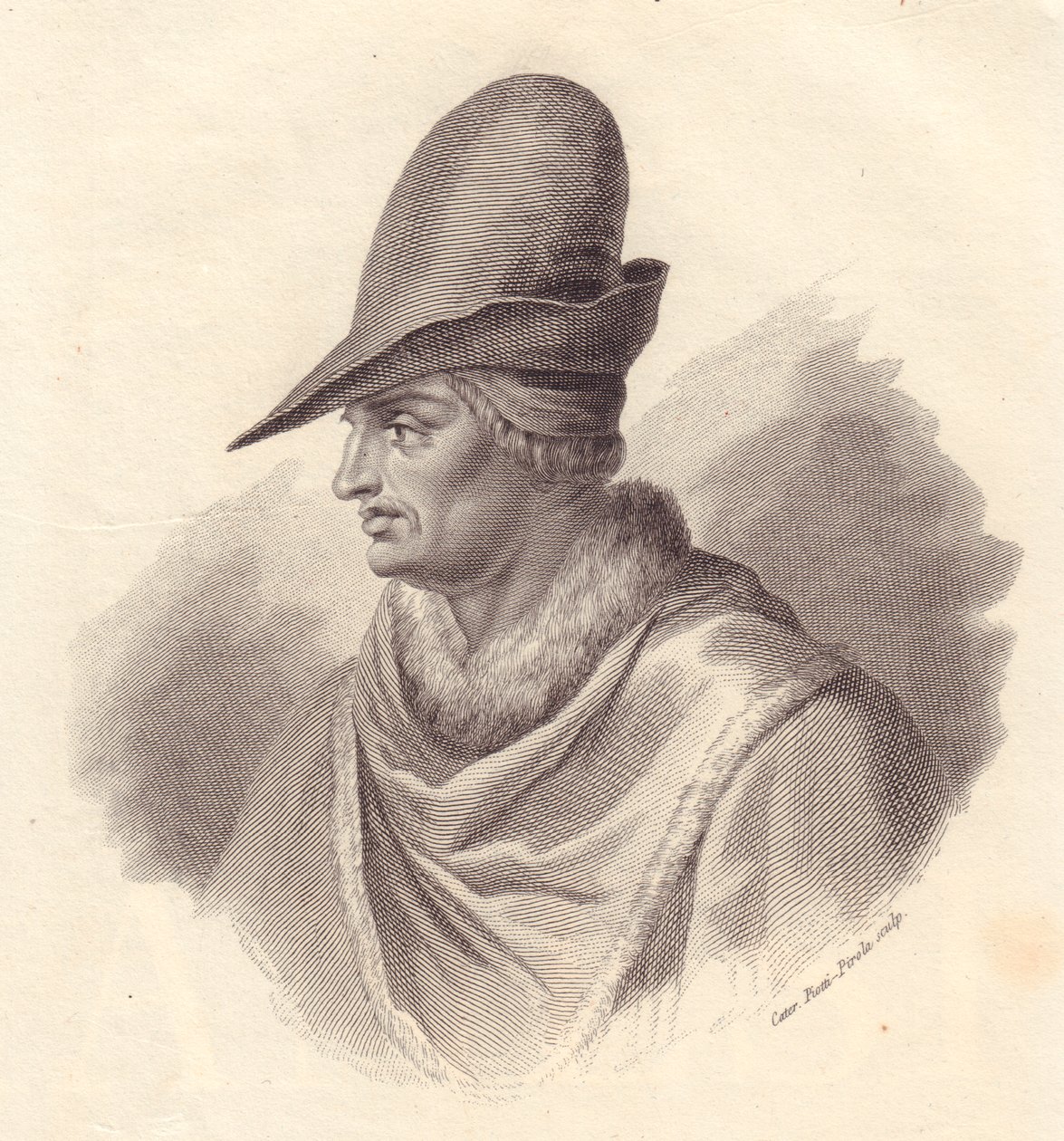 Porträtt av den italienska militärledaren Uguccione della Faggiola (1250-1319), kopparstick av Caterina Piotti-Pirola av John Ward Dunsmore