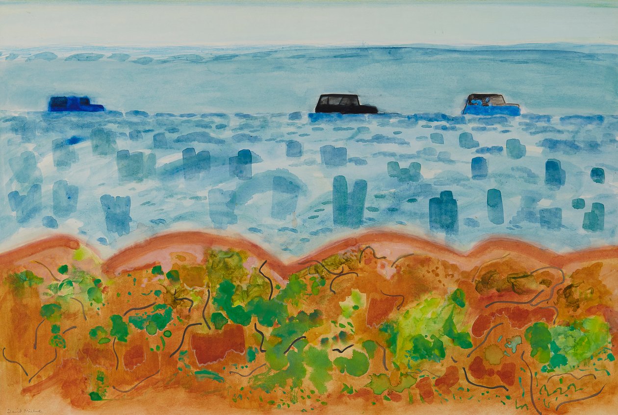 Cars and Saltbush, Australien (akvarell) av David Alan Redpath Michie