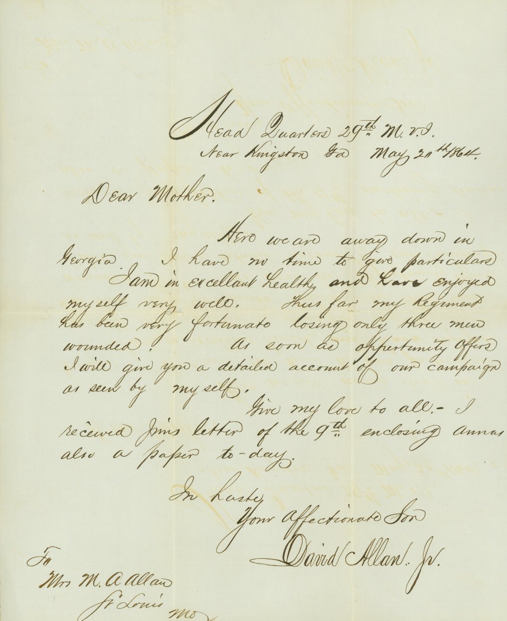 Brev undertecknat David Allan, Jr., Head Quarters 29th M.V.I., nära Kingston, Ga., till hans mor Mrs. M.A. Allan, St. Louis, Mo., 20 maj 1864 av David Allan