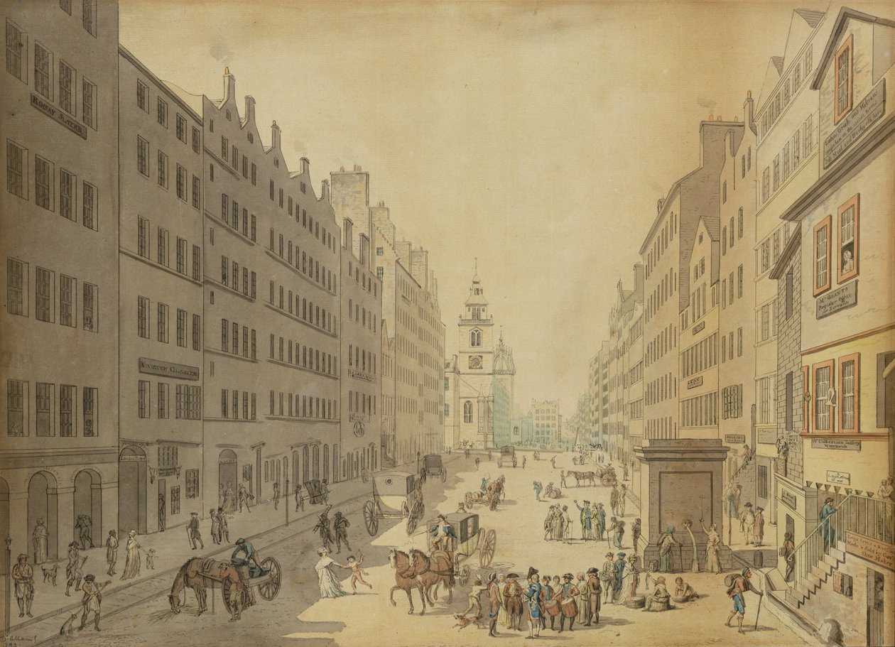 Utsikt över High Street i Edinburgh från öster, 1793 av David Allan
