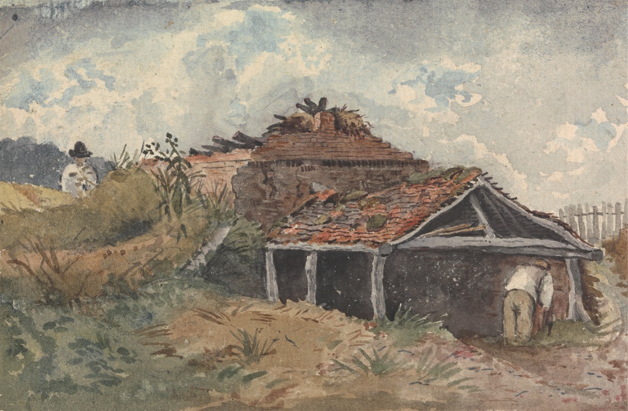 Landskap med två figurer bredvid en gammal byggnad av David Charles Read