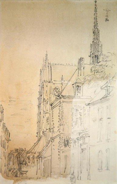 En katedral på en gata (krita och tvätt på papper) av David Cox