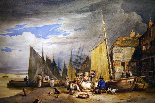 En fiskfru med sina varor vid Themsen (akvarell på papper) av David Cox