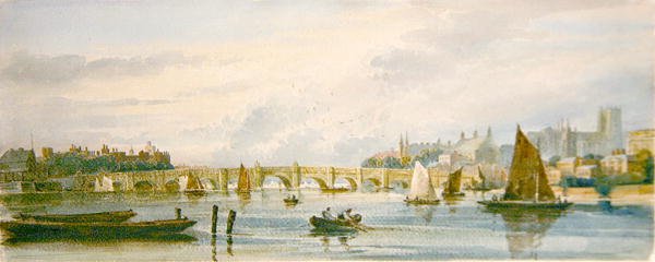 En vy över Westminster Bridge som ser västerut mot Lambeth Palace och Westminster Abbey (penna och akvarell på papper) av David Cox