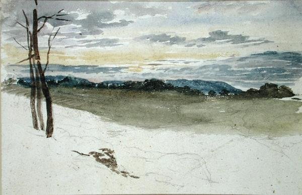 A Woodland Landscape at Sunset (penna och akvarell på papper) av David Cox