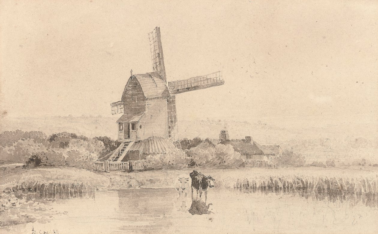 Boskap vattnade vid en väderkvarn på Dulwich Common, 1811 av David Cox