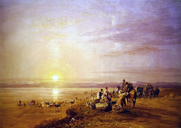 Crossing the Sands (akvarell över spår av penna med utskrapa på papper) av David Cox