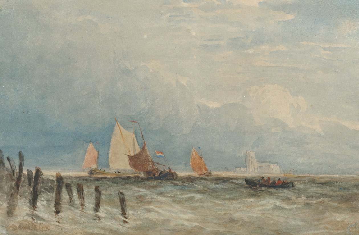 Holländska fiskebåtar utanför kusten, med Grote Kerk, Dordrecht i fjärran av David Cox