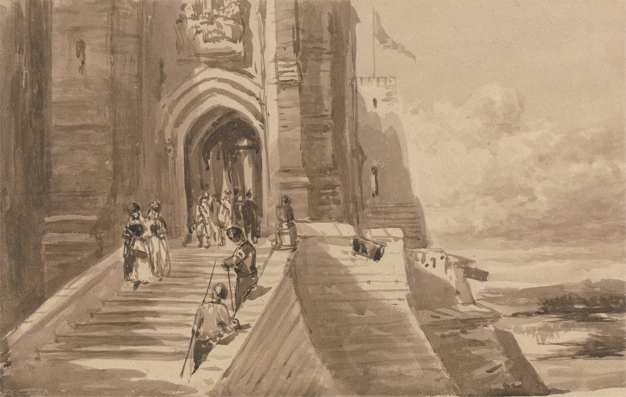 Figurer på den yttre trappan till ett slott av David Cox