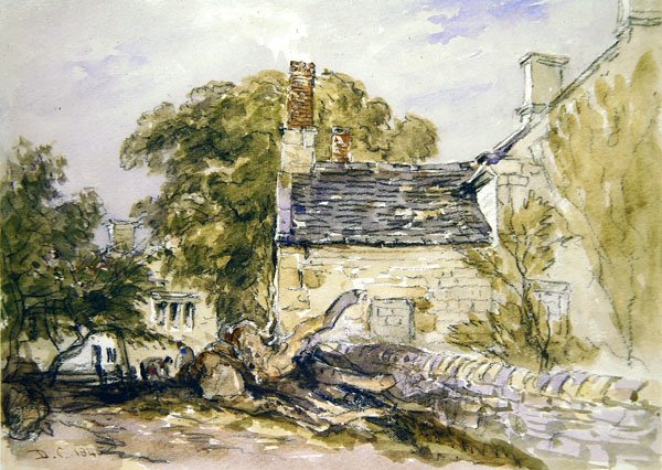 Figurer utanför en gammal stenstuga (svart krita och akvarell på papper) av David Cox
