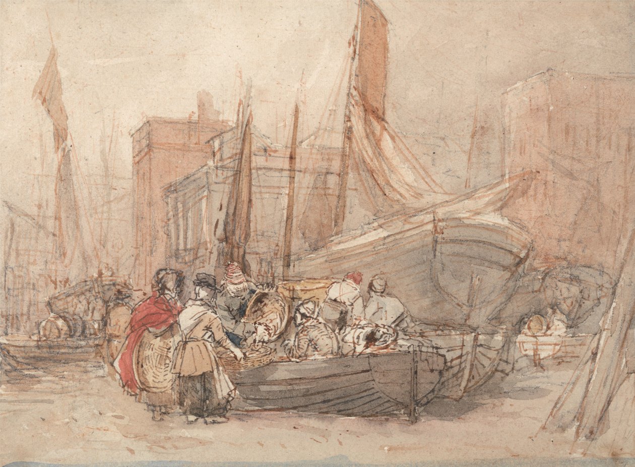 Hamnscen med fiskebåtar som lossas av David Cox