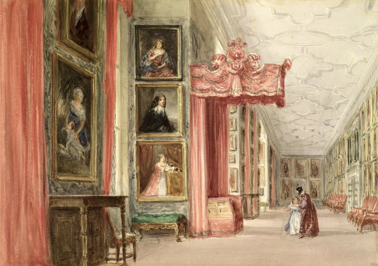 Interiör av Long Gallery, Hardwick Hall, Derbyshire, 1838 av David Cox