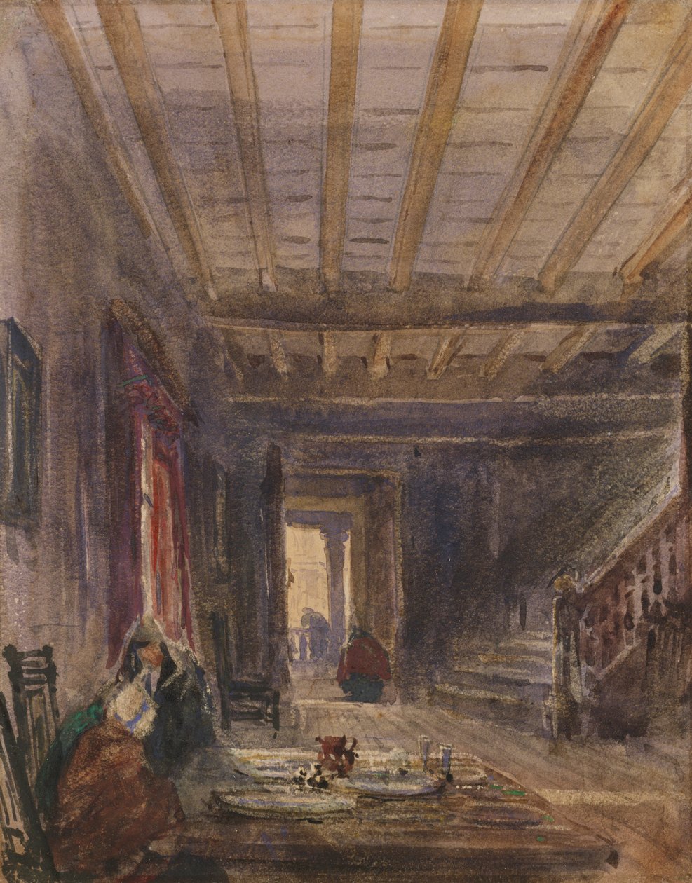 Interiör med figurer vid ett bord (wc på papper) av David Cox
