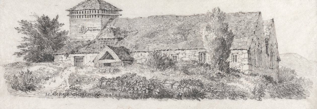 Llanfair Church, North Wales för en avhandling om landskapsmålning och effekt i vattenfärger av David Cox
