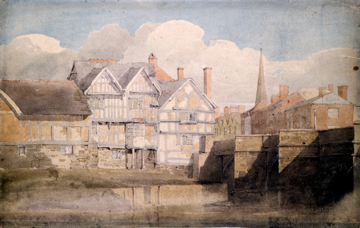 Gamla hus och Wye Bridge, Hereford, 1820 av David Cox