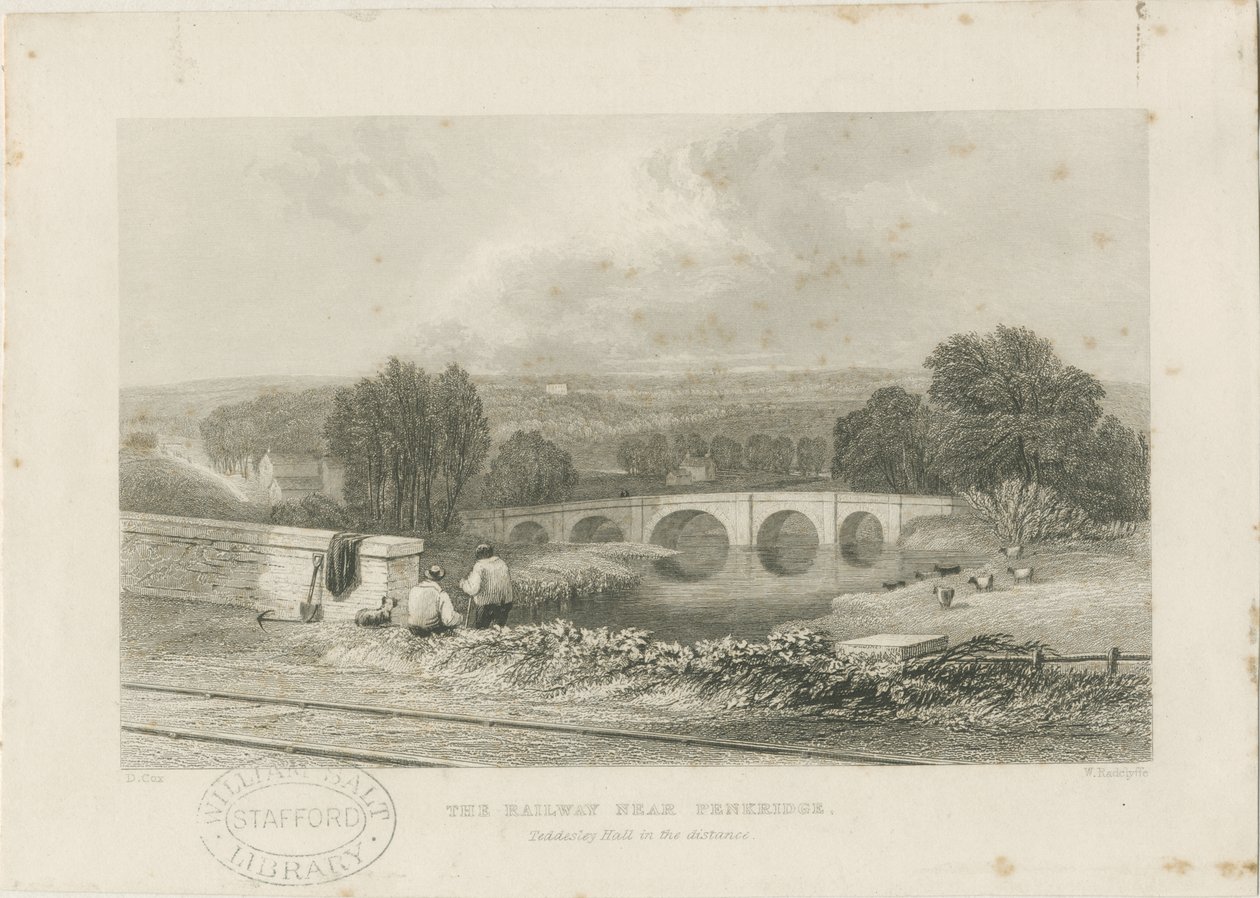 Penkridge Town - Railway and Bull Bridge: stålgravyr, nd [c 1839] av David Cox