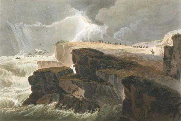 Tallrik från Book 10 Storm, View on the Coast of Hastings från A Treatise on Landscape Painting graverad av Richard Reeve (f.1780), 1813-14 (handfärgad akvatint) av David Cox