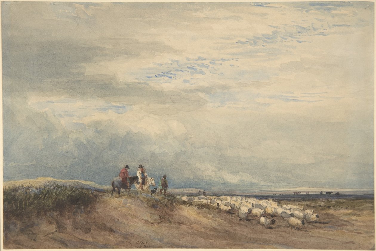 Ryttare med får nära en flodmynning av David Cox