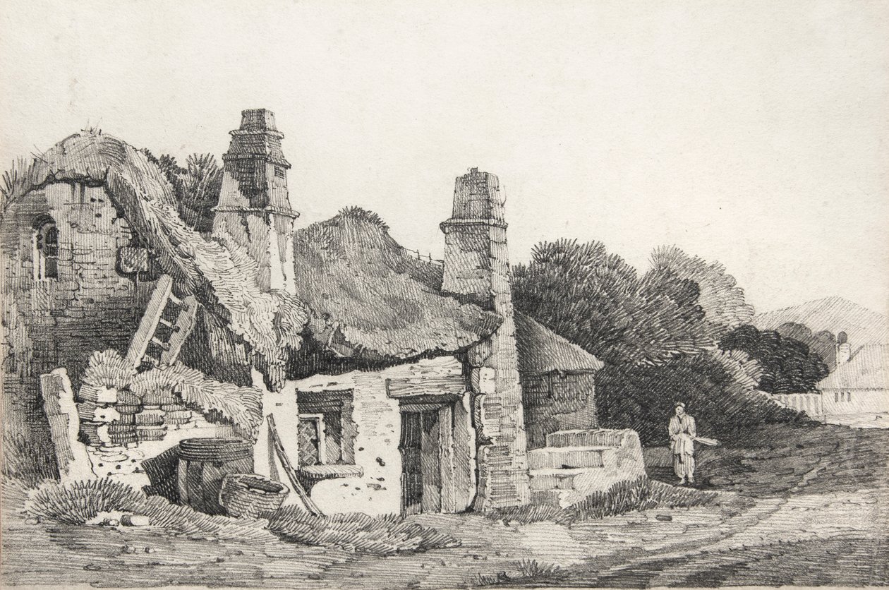 Ruinerad stuga (ritning) av David Cox