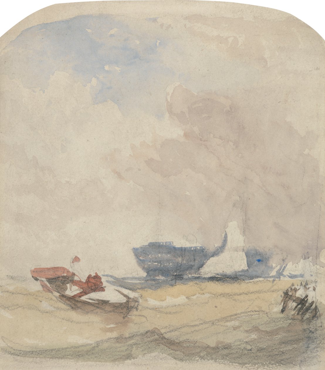 Sjöstudie med Hulk, segelbåt och roddbåt av David Cox