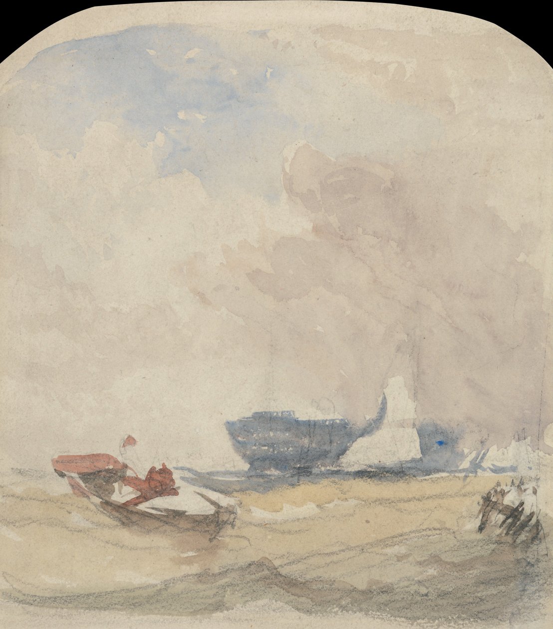 Havsstudie med Hulk, segelbåt och roddbåt av David Cox
