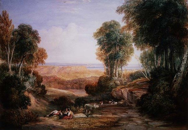 Korsningen mellan floden Severn och floden Wye med Chepstow Castle i fjärran (akvarell på papper) av David Cox